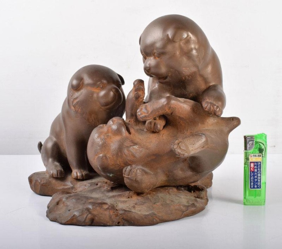 DOG Bronze Statue 10.2 inch Japanese Antique MEIJI Era Metal Figurine