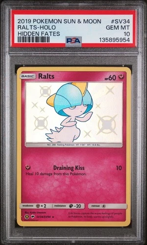 2019 POKEMON SUN & MOON HIDDEN FATES #SV34 RALTS-HOLO PSA 10