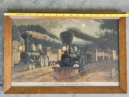 Vintage Framed Currier&Ives Lithograph Lightning Express 18×12 Trains - Picture 9 of 10