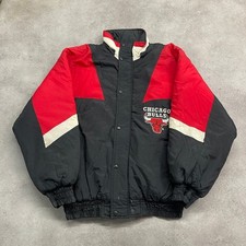 Chicago Bulls Chalk Line Puffer Jacket Mens Large Vintage NBA Coat, Black Red