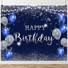 Navy Blue and Silver Happy Birthday Backdrop 10x8ft for Women Men Girls Boys