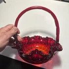 Fenton Glass Ruby Red  9.5” Tall Handled Basket Ruffled Edge Vintage
