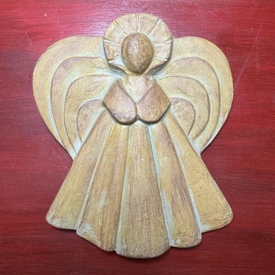 Vintage Angel Wall Hanging Plaque Folk Art Relief Figurine Rustic Gold Decor