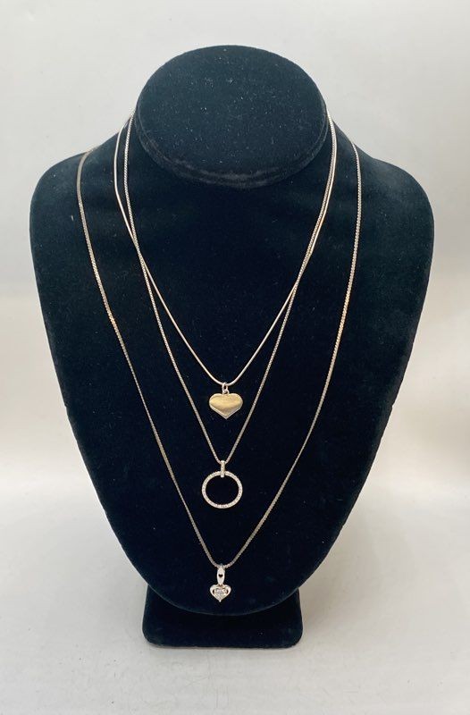 Sterling Silver 925 Necklace Lot 3 Pendants Heart Circle 16" 18" 24" 14g