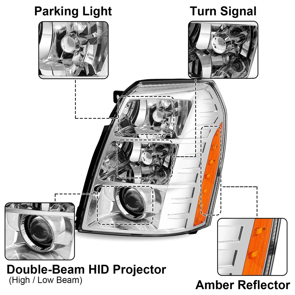Chrome Amber Xenon Headlights w/Bulbs&ballast For 2007-2014 Cadillac Escalade Foto 2 de 4