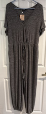 Elastic Waist V-Neck Pockets Gathered Ankles Gray Jumpsuit Womens Sz 12 NWT