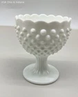 Milk Glass White Hobnail Pedestal Bowl Scalloped Rim 4.5 Inch Vintage
