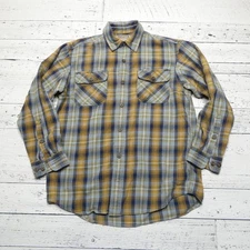 Duluth Trading Co Shirt Mens Medium Blue Yellow Plaid Flannel Cotton Workwear