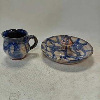 J Fyfe Signed Studio Pottery Blue Glazed Chamberstick Candle Holder And Jug