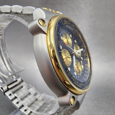 古ちん Pulsar World Time Watch Men 41mm Blue Dial Two Tone N94J-6A00