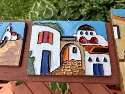 Vintage set of four Greek pottery tiles village sea buildings - Picture 4 of 12