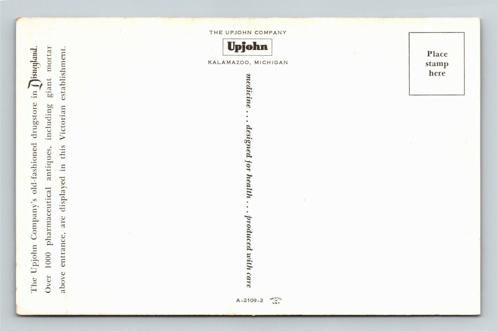 Anaheim, CA-California, Disneyland, Upjohn Company, Vintage Postcard