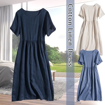 Women's Loose Fit Knee-Length Midi Dress - Blue Cotton Linen Blend, Summer Casual
