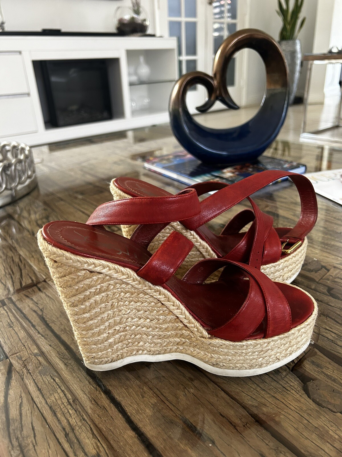 Sandali YSL Yvesv Saint Laurent Malo 90 Astrap suola zeppa rosso punta aperta taglia US 8