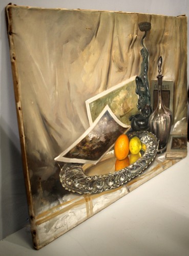 DIPINTO NATURA MORTA A.Barchi VASSOIO ARGENTO AGRUMI BRONZO BOTTIGLIA LIBRI '900 - 第 2/9 張圖片