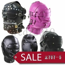 Unisex Bandage Hood Mouth Gag Blindfold Full Head Mask Black Couples Leather