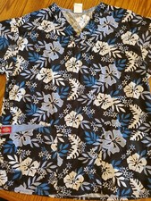 Dickies Scrub Top Small Blue Hawaiian Flowers