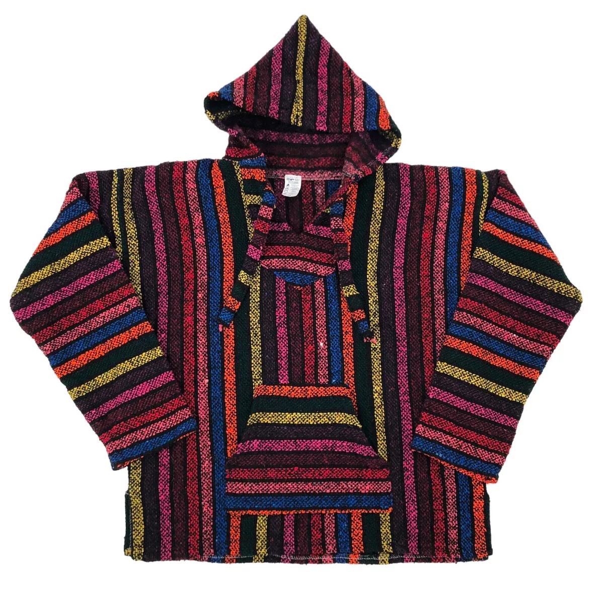 Vintage 90s Drug Rug Pancho Mexican Rainbow Blanket Hoodie Surfer