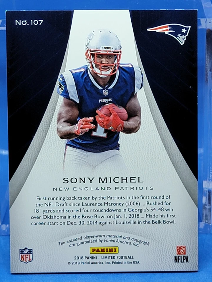 2018 Sony Michel Panini Limited Gold Rookie Autograph Patch Rookie RC Auto /199  - Image 2 of 2