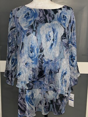 NWT Alex Evenings Navy Blue and Silver Sparkle Lined Top Size XL