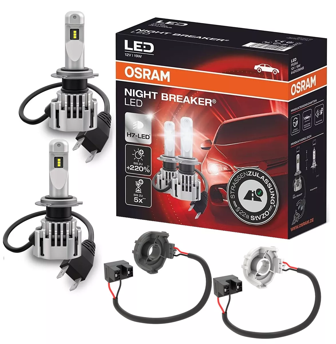 OSRAM NIGHT BREAKER H7 LED 220% Set für VW Golf 7 5G mit Adapter