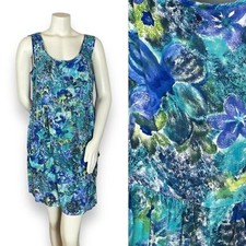 Vintage 90s Babydoll Dress Sleeveless Relaxed Fit Pockets Blue Green Tropical