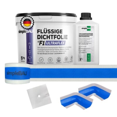 simpleBAU FLÜSSIGE DICHTFOLIE F1 ULTRAFLEX 5kg+TF 1L+5m Dichtband+2 Inn+1 Wan