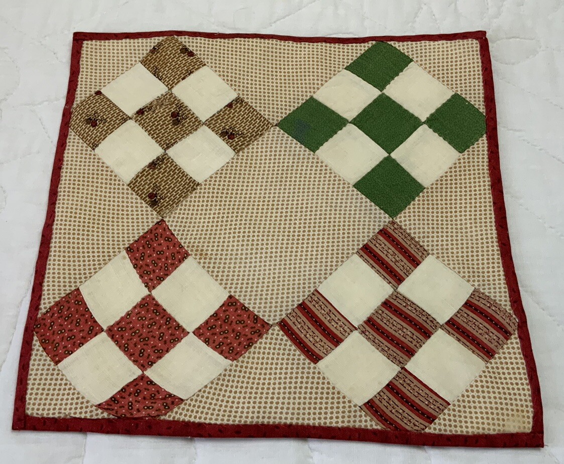 Vintage Antique Patchwork Quilt Table Topper, Nine Patch, Brown, Beige, Multi