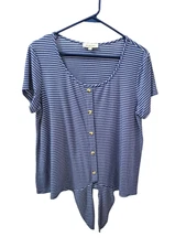 Set the Stage Womens Top Tie Front Blue White Striped Short Sleeve Size Large