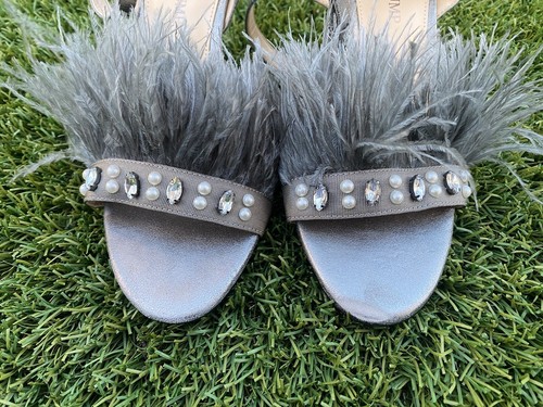 Ostrich Feather High Heels IVANKA TRUMP KASIE Pewter Multy Suede Jeweled Size 8M - Picture 6 of 10