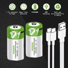 2x USB D Size Lithium Rechargeable Batteries 1.5V 12000mAh W/ Fast Type C Cable