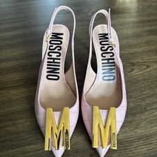 Moschino Couture Croc Embossed Leather M Slingback Pointed Heels Pink Gold 38.5