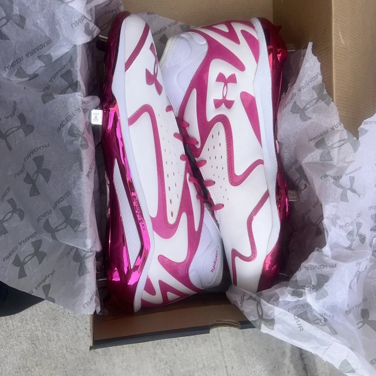UNDER ARMOUR Sz 15 Metal Baseball Cleats pink  White Spine Authentic Collection Under Armour Pink Baseball & Softball Shoes & Cleats for Men  main image 2