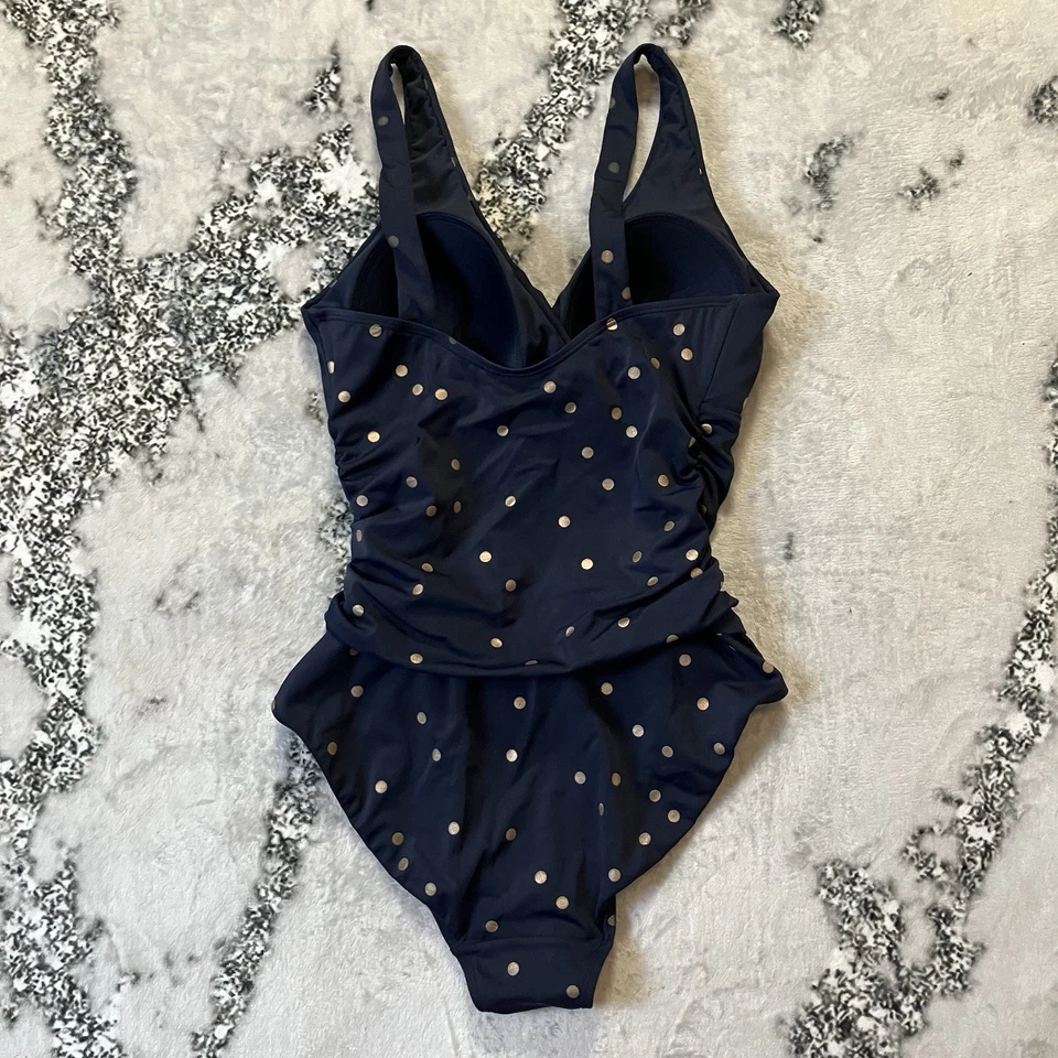 Boden Swimwear Womens Size 8 Navy Gold Amalfi Polka Dot One Piece Bandeau - Image 3 of 4