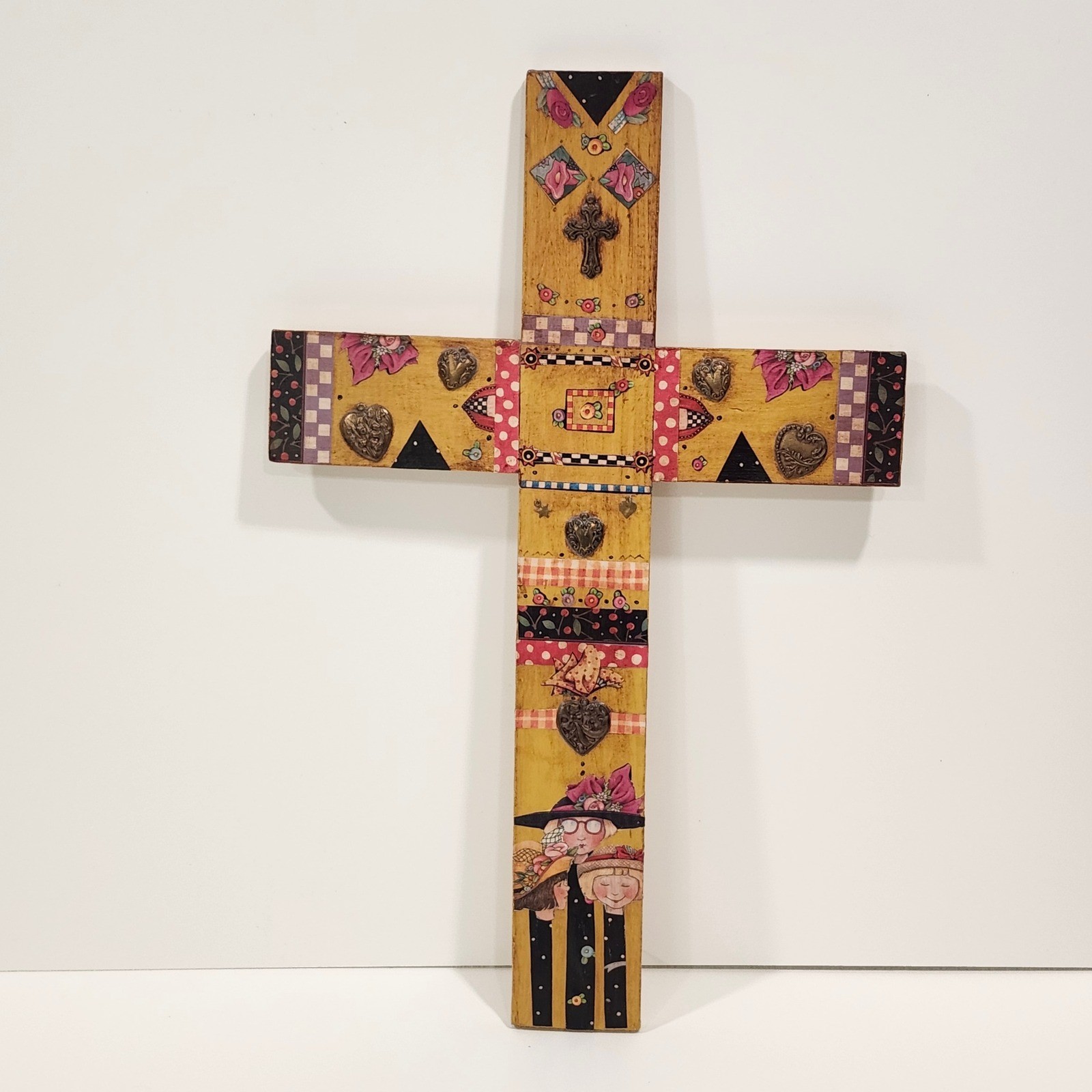 Handmade Wooden Cross Wall Art Folk Art Whimsical Angels Cherubs Hearts Rustic
