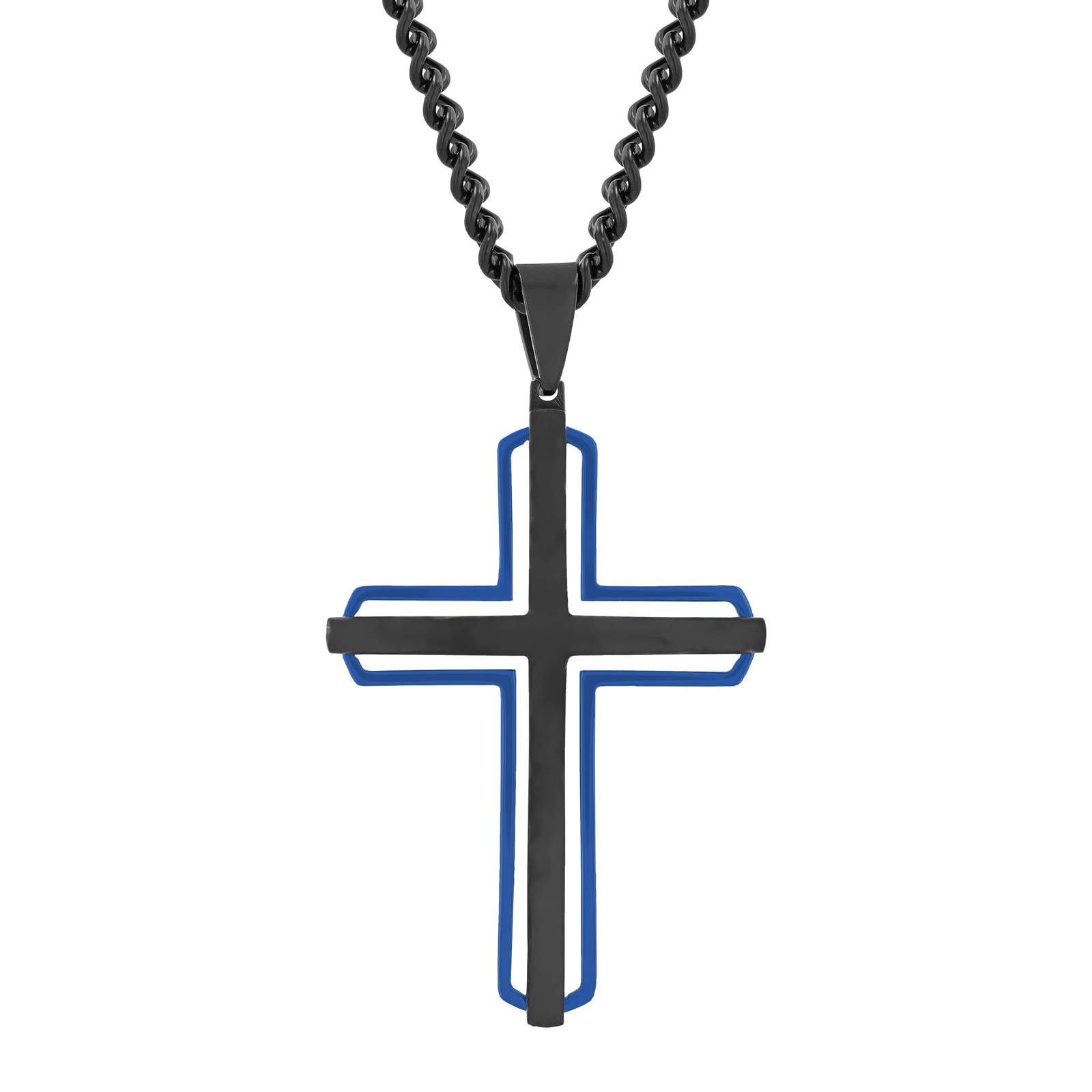 Stainless Steel 2 Layer Cross Pendant with Black Blue Finish on 24 Inch 4mm Chain