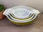 vintage green pyrex spring blossom crazy daisy mixing bowl set