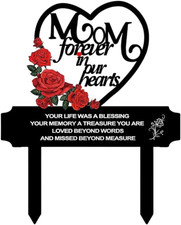 Metal Memorial Grave Marker for Mom - Heart Shaped Cemetery Decoration with Rose