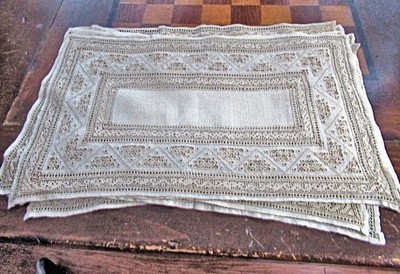 8 Vtg Placemats Cream Linen Intricate Handmade Lace & Embroidery Geometric