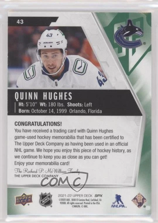 2021-22 SPx Jersey Quinn Hughes #43 - Image 2 of 2