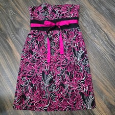 Ann Taylor Loft Strapless Pink Black Abstract Swirl Bow Cocktail Dress Size 4