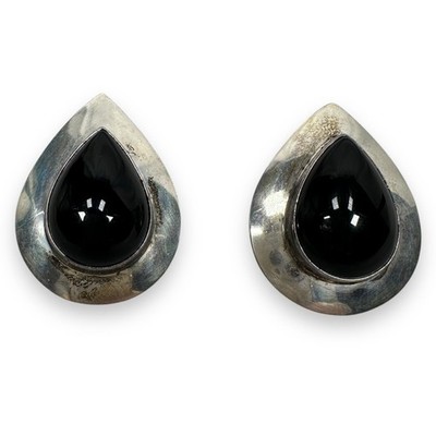 Vintage Sterling Silver Women's Teardrop Earrings Faux Black Onyx SJC HOB 925