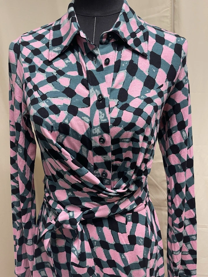 Diane von Furstenberg DVF розовый черный абстрактный Midi надежном платье S новый без ЯРЛЫКОВ LS CLASSIC - Изображение 2 из 4