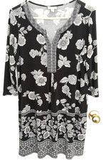 J. Jill Dress Womens M Petite Black & White Floral Boho 3/4 Sleeve Classic