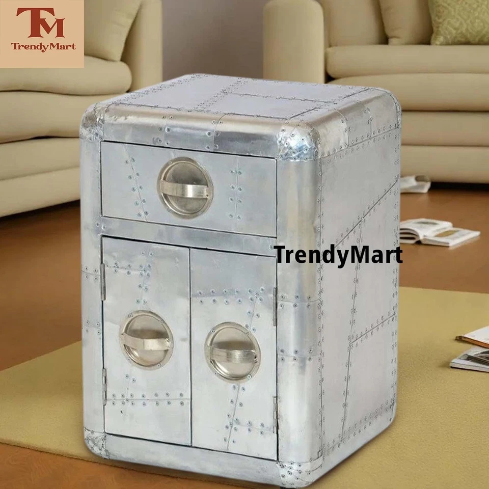 Mesita de noche de aviador | Mesita de noche industrial de aluminio con cajón Foto 4 de 4