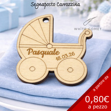 Tag Segnaposto Legno CARROZZINA per BAMBINI, Nome e Data, Nascita e Battesimo