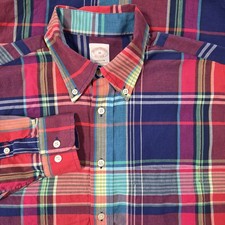 Brooks Brothers Shirt Mens Medium Madison Long Sleeve Red Blue Plaid Cotton