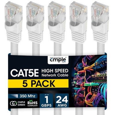 5 Pack Cat5e Patch Cable 1.5-15ft Premium Ethernet Cord for Home & Office White