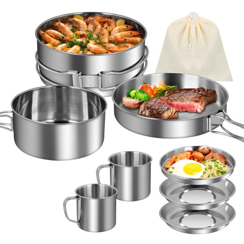 8x Camping Kochgeschirr Edelstahl Outdoor Koch Set Campinggeschirr TöpfPfanne - Bild 8 von 13