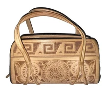 Vintage Artmex Hand Tooled Tan Leather Southwest Aztec Satchel Handbag